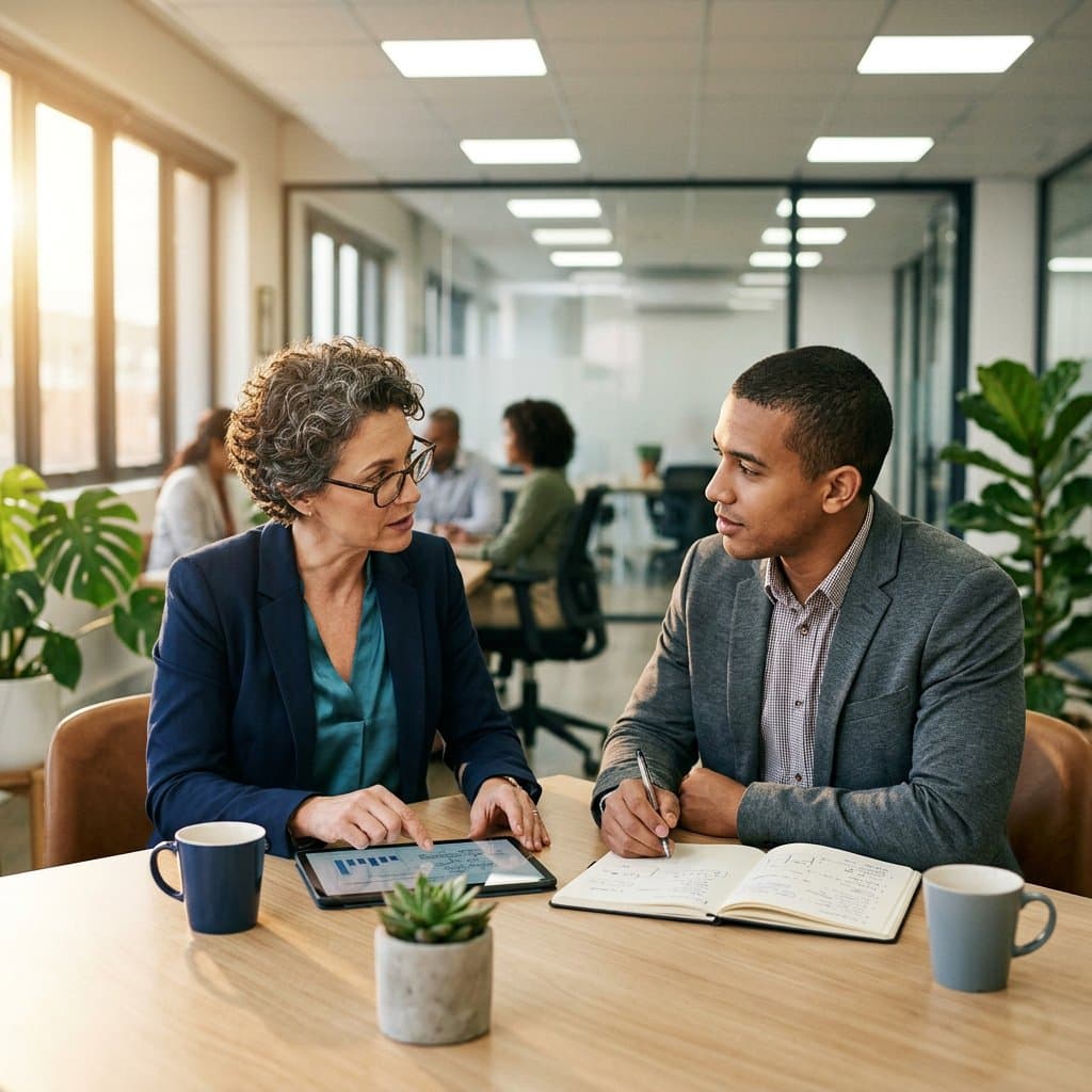 Professionals in a mentoring discussion